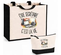 Planetee Ensemble Cabas et Trousse Être secrétaire c'est la vie | Sac Coton et Jute 21 L avec Trousse Zippée 3 L Assortie | Anses 60 cm | Cadeau Assistant et Assistante de Direction Anniversaire