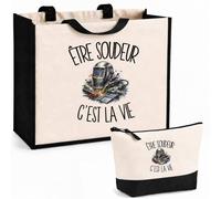Planetee Ensemble Cabas et Trousse Être soudeur c'est la vie | Sac Coton et Jute 21 L avec Trousse Zippée 3 L Assortie | Anses 60 cm | Cadeau Métallier Anniversaire