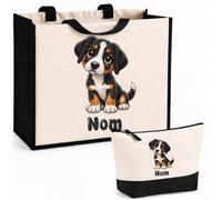 Planetee Ensemble Cabas et Trousse Grand Bouvier Suisse | Sac Coton et Jute 21 L avec Trousse Zippée 3 L Assortie | Anses 60 cm | Cadeau Propriétaire Chien Anniversaire