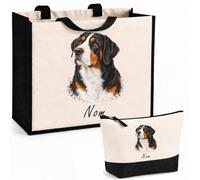 Planetee Ensemble Cabas et Trousse Grand Bouvier Suisse | Sac Coton et Jute 21 L avec Trousse Zippée 3 L Assortie | Anses 60 cm | Cadeau Propriétaire Chien Anniversaire