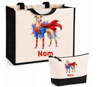 Planetee Ensemble Cabas et Trousse Greyhound (Lévrier Anglais) | Sac Coton et Jute 21 L avec Trousse Zippée 3 L Assortie | Anses 60 cm | Cadeau Propriétaire Chien Anniversaire