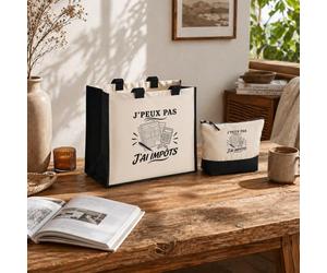 Planetee Ensemble Cabas et Trousse J’peux pas j’ai Impôts | Sac Coton et Jute 21 L avec Trousse Zippée 3 L Assortie | Anses 60 cm | Cadeau Anniversaire