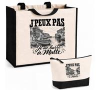 Planetee Ensemble Cabas et Trousse J’peux pas je me barre à Malte | Sac Coton et Jute 21 L avec Trousse Zippée 3 L Assortie | Anses 60 cm | Cadeau Voyageur Anniversaire