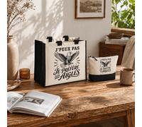 Planetee Ensemble Cabas et Trousse J’peux pas je préfère les Aigles J'peux pas minimaliste | Sac Coton et Jute 21 L avec Trousse Zippée 3 L Assortie | Anses 60 cm | Cadeau Anniversaire