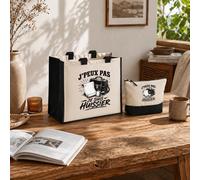 Planetee Ensemble Cabas et Trousse J’peux pas je suis Huissier J'peux pas minimaliste | Sac Coton et Jute 21 L avec Trousse Zippée 3 L Assortie | Anses 60 cm | Cadeau Anniversaire