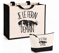 Planetee Ensemble Cabas et Trousse Je le ferai demain - Bouvier bernois | Sac Coton et Jute 21 L avec Trousse Zippée 3 L Assortie | Anses 60 cm | Cadeau Anniversaire | Humour Flemme Paresseux