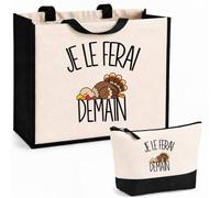 Planetee Ensemble Cabas et Trousse Je le ferai demain - Dinde | Sac Coton et Jute 21 L avec Trousse Zippée 3 L Assortie | Anses 60 cm | Cadeau Anniversaire | Humour Flemme Paresseux Procrastination