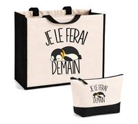 Planetee Ensemble Cabas et Trousse Je le ferai demain - Manchot empereur | Sac Coton et Jute 21 L avec Trousse Zippée 3 L Assortie | Anses 60 cm | Cadeau Anniversaire | Humour Flemme Paresseux