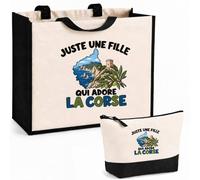 Planetee Ensemble Cabas et Trousse Juste une fille qui adore la Corse | Sac Coton et Jute 21 L avec Trousse Zippée 3 L Assortie | Anses 60 cm | Cadeau Anniversaire