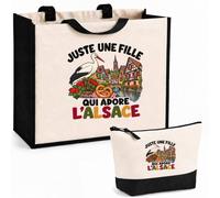 Planetee Ensemble Cabas et Trousse Juste une fille qui adore l'Alsace | Sac Coton et Jute 21 L avec Trousse Zippée 3 L Assortie | Anses 60 cm | Cadeau Alsacienne Anniversaire