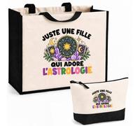 Planetee Ensemble Cabas et Trousse Juste une fille qui adore l'astrologie | Sac Coton et Jute 21 L avec Trousse Zippée 3 L Assortie | Anses 60 cm | Cadeau Passionnée D'Astrologie Anniversaire