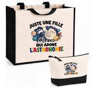 Planetee Ensemble Cabas et Trousse Juste une fille qui adore l'astronomie | Sac Coton et Jute 21 L avec Trousse Zippée 3 L Assortie | Anses 60 cm | Cadeau Astronome Anniversaire