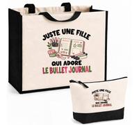Planetee Ensemble Cabas et Trousse Juste une fille qui adore le bullet journal | Sac Coton et Jute 21 L avec Trousse Zippée 3 L Assortie | Anses 60 cm | Cadeau Adepte du Bullet Journal Anniversaire