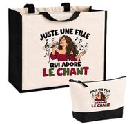 Planetee Ensemble Cabas et Trousse Juste une fille qui adore le chant | Sac Coton et Jute 21 L avec Trousse Zippée 3 L Assortie | Anses 60 cm | Cadeau Chanteuse Anniversaire