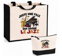 Planetee Ensemble Cabas et Trousse Juste une fille qui adore le jazz | Sac Coton et Jute 21 L avec Trousse Zippée 3 L Assortie | Anses 60 cm | Cadeau Anniversaire