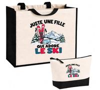 Planetee Ensemble Cabas et Trousse Juste une fille qui adore le ski | Sac Coton et Jute 21 L avec Trousse Zippée 3 L Assortie | Anses 60 cm | Cadeau Skieuse Anniversaire