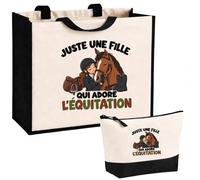 Planetee Ensemble Cabas et Trousse Juste une fille qui adore l'équitation | Sac Coton et Jute 21 L avec Trousse Zippée 3 L Assortie | Anses 60 cm | Cadeau Cavalière Anniversaire