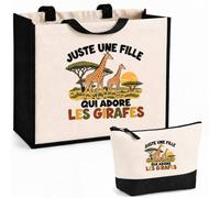 Planetee Ensemble Cabas et Trousse Juste une fille qui adore les girafes | Sac Coton et Jute 21 L avec Trousse Zippée 3 L Assortie | Anses 60 cm | Cadeau Amoureuse des Animaux Anniversaire