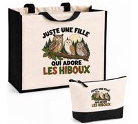 Planetee Ensemble Cabas et Trousse Juste une fille qui adore les hiboux | Sac Coton et Jute 21 L avec Trousse Zippée 3 L Assortie | Anses 60 cm | Cadeau Amoureuse des Animaux Anniversaire