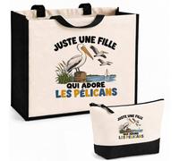 Planetee Ensemble Cabas et Trousse Juste une fille qui adore les pélicans | Sac Coton et Jute 21 L avec Trousse Zippée 3 L Assortie | Anses 60 cm | Cadeau Amoureuse des Oiseaux Anniversaire