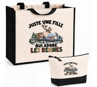 Planetee Ensemble Cabas et Trousse Juste une fille qui adore les rennes | Sac Coton et Jute 21 L avec Trousse Zippée 3 L Assortie | Anses 60 cm | Cadeau Amoureuse des Animaux Anniversaire