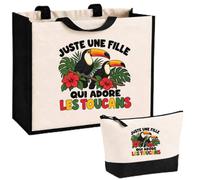 Planetee Ensemble Cabas et Trousse Juste une fille qui adore les toucans | Sac Coton et Jute 21 L avec Trousse Zippée 3 L Assortie | Anses 60 cm | Cadeau Amoureuse des Oiseaux Anniversaire
