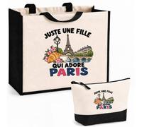 Planetee Ensemble Cabas et Trousse Juste une fille qui adore Paris | Sac Coton et Jute 21 L avec Trousse Zippée 3 L Assortie | Anses 60 cm | Cadeau Parisienne Anniversaire