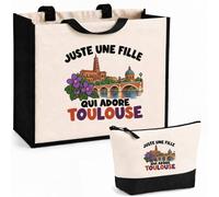 Planetee Ensemble Cabas et Trousse Juste une fille qui adore Toulouse | Sac Coton et Jute 21 L avec Trousse Zippée 3 L Assortie | Anses 60 cm | Cadeau Toulousaine Anniversaire