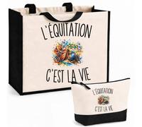 Planetee Ensemble Cabas et Trousse L’Équitation c’est la vie | Sac Coton et Jute 21 L avec Trousse Zippée 3 L Assortie | Anses 60 cm | Cadeau Cavalier Cavalière Anniversaire