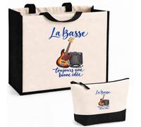 Planetee Ensemble Cabas et Trousse La basse, toujours une bonne idée | Sac Coton et Jute 21 L avec Trousse Zippée 3 L Assortie | Anses 60 cm | Cadeau Bassiste Anniversaire