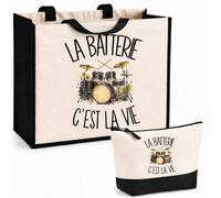 Planetee Ensemble Cabas et Trousse La batterie c'est la vie | Sac Coton et Jute 21 L avec Trousse Zippée 3 L Assortie | Anses 60 cm | Cadeau Batteur Batteuse Anniversaire