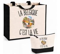 Planetee Ensemble Cabas et Trousse La Belgique c’est la vie | Sac Coton et Jute 21 L avec Trousse Zippée 3 L Assortie | Anses 60 cm | Cadeau Belge Anniversaire