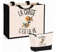 Planetee Ensemble Cabas et Trousse La chasse c'est la vie | Sac Coton et Jute 21 L avec Trousse Zippée 3 L Assortie | Anses 60 cm | Cadeau Chasseur Chasseuse Anniversaire