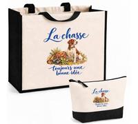 Planetee Ensemble Cabas et Trousse La chasse, toujours une bonne idée | Sac Coton et Jute 21 L avec Trousse Zippée 3 L Assortie | Anses 60 cm | Cadeau Chasseur Chasseuse Anniversaire
