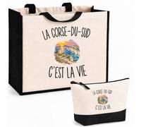 Planetee Ensemble Cabas et Trousse La Corse-du-Sud c’est la vie | Sac Coton et Jute 21 L avec Trousse Zippée 3 L Assortie | Anses 60 cm | Cadeau Anniversaire