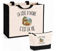 Planetee Ensemble Cabas et Trousse La Côte d’Ivoire c’est la vie | Sac Coton et Jute 21 L avec Trousse Zippée 3 L Assortie | Anses 60 cm | Cadeau Ivoirien Ivoirienne Anniversaire