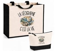 Planetee Ensemble Cabas et Trousse La géographie c'est la vie | Sac Coton et Jute 21 L avec Trousse Zippée 3 L Assortie | Anses 60 cm | Cadeau Géographe Anniversaire