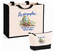 Planetee Ensemble Cabas et Trousse La géographie, toujours une bonne idée | Sac Coton et Jute 21 L avec Trousse Zippée 3 L Assortie | Anses 60 cm | Cadeau Géographe Anniversaire