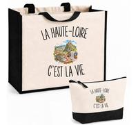 Planetee Ensemble Cabas et Trousse La Haute-Loire c’est la vie | Sac Coton et Jute 21 L avec Trousse Zippée 3 L Assortie | Anses 60 cm | Cadeau Anniversaire