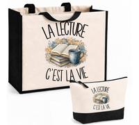 Planetee Ensemble Cabas et Trousse La lecture c'est la vie | Sac Coton et Jute 21 L avec Trousse Zippée 3 L Assortie | Anses 60 cm | Cadeau Lecteur Lectrice Anniversaire