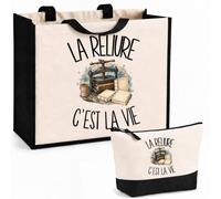Planetee Ensemble Cabas et Trousse La reliure c'est la vie | Sac Coton et Jute 21 L avec Trousse Zippée 3 L Assortie | Anses 60 cm | Cadeau Relieur Relieuse Anniversaire