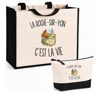 Planetee Ensemble Cabas et Trousse La Roche-sur-Yon c’est la vie | Sac Coton et Jute 21 L avec Trousse Zippée 3 L Assortie | Anses 60 cm | Cadeau Yonnais Yonnaise Anniversaire