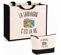 Planetee Ensemble Cabas et Trousse La Sardaigne c’est la vie | Sac Coton et Jute 21 L avec Trousse Zippée 3 L Assortie | Anses 60 cm | Cadeau Voyageur Voyageuse Anniversaire