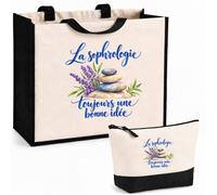 Planetee Ensemble Cabas et Trousse La sophrologie, toujours une bonne idée | Sac Coton et Jute 21 L avec Trousse Zippée 3 L Assortie | Anses 60 cm | Cadeau Sophrologue Anniversaire