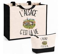 Planetee Ensemble Cabas et Trousse L'Alsace c'est la vie | Sac Coton et Jute 21 L avec Trousse Zippée 3 L Assortie | Anses 60 cm | Cadeau Alsacien Alsacienne Anniversaire