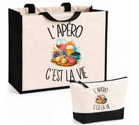 Planetee Ensemble Cabas et Trousse L'apéro c'est la vie | Sac Coton et Jute 21 L avec Trousse Zippée 3 L Assortie | Anses 60 cm | Cadeau Bon Vivant Bonne Vivante Anniversaire