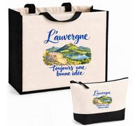 Planetee Ensemble Cabas et Trousse L'Auvergne, toujours une bonne idée | Sac Coton et Jute 21 L avec Trousse Zippée 3 L Assortie | Anses 60 cm | Cadeau Auvergnat Auvergnate Anniversaire