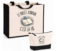 Planetee Ensemble Cabas et Trousse Le bullet journal c'est la vie | Sac Coton et Jute 21 L avec Trousse Zippée 3 L Assortie | Anses 60 cm | Cadeau Adepte du Carnet Organiseur Anniversaire