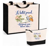 Planetee Ensemble Cabas et Trousse Le bullet journal, toujours une bonne idée | Sac Coton et Jute 21 L avec Trousse Zippée 3 L Assortie | Anses 60 cm | Cadeau Adepte du Bullet Journal Anniversaire