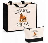 Planetee Ensemble Cabas et Trousse Le cheval de trait c'est la vie | Sac Coton et Jute 21 L avec Trousse Zippée 3 L Assortie | Anses 60 cm | Cadeau Cavalier Cavalière Anniversaire